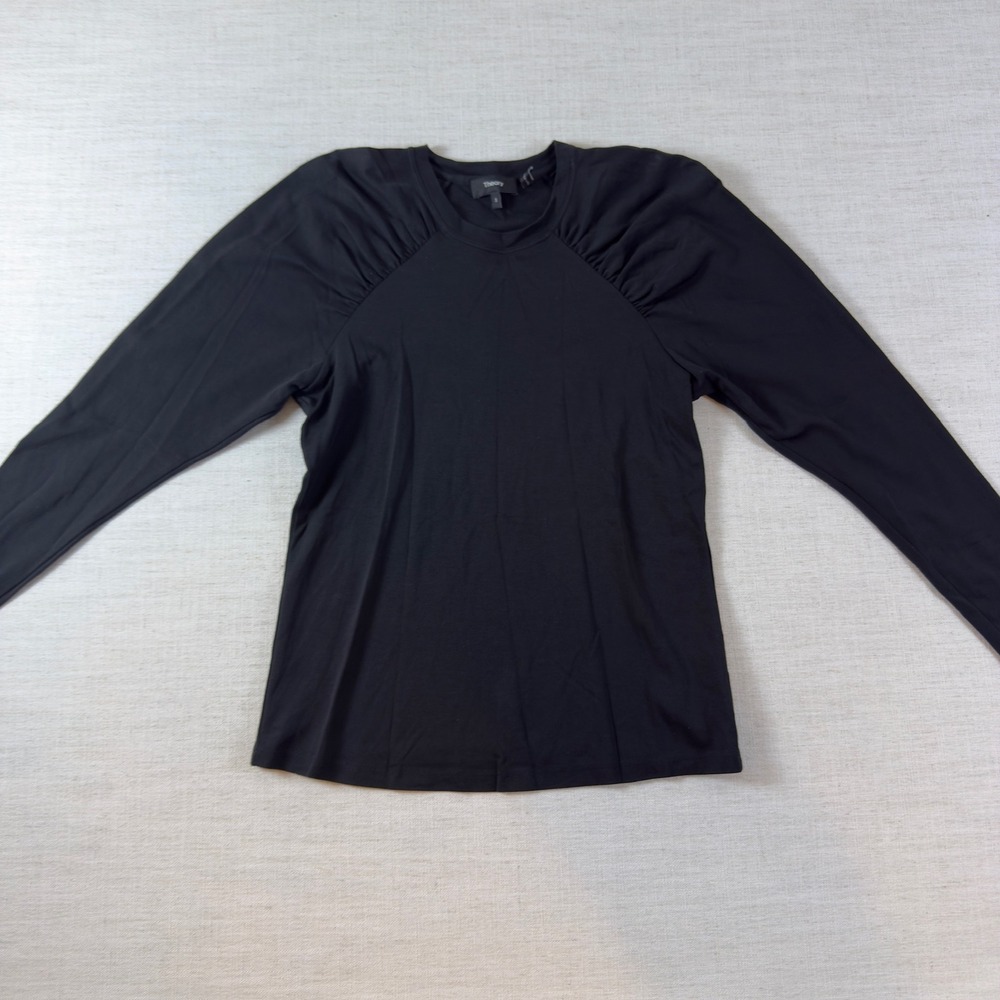 Theory Clinton Knit Ruched Raglan Tee Womens S Black Pima Cotton Long Sleeve